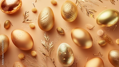  a group of golden eggs sitting on top of a table next to a sprig of green leafy grass.