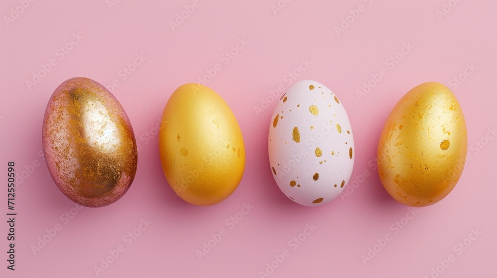  a group of three eggs sitting next to each other on top of a pink surface with gold speckles.