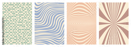 Retro twisted and distorted vector groovy hippie background set. Waves, swirl, stripe, ray and twirl pattern. Vintage set of backgrounds in trendy retro psychedelic style. Vector illustration