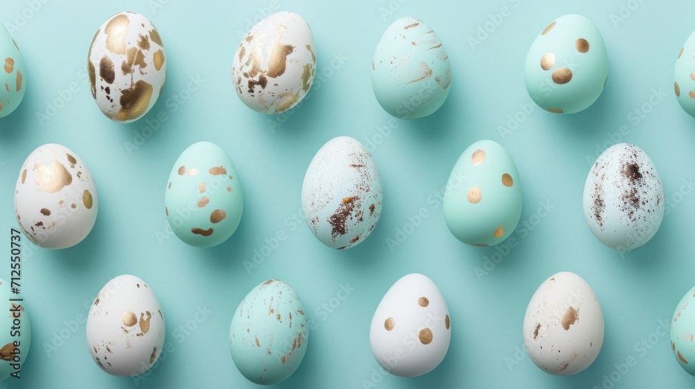  a group of blue and white eggs with gold speckles and a blue background with gold speckles.