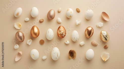 an assortment of different types of eggs on a beige background with a shadow of the eggs on the left side of the image.