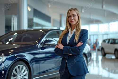 Confident businesswoman sales manager standing with arms crossed in new car showroom