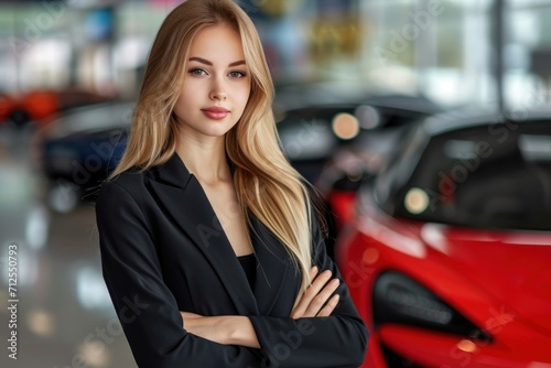 Beautiful blonde woman sales manager in a black suit stands in a car showroom