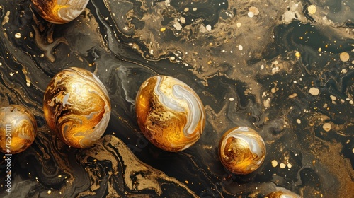  a group of marbles sitting on top of a black and gold counter top covered in gold flecks.