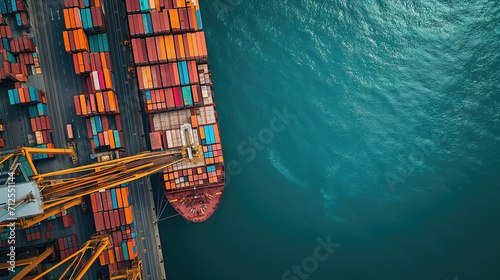 An aerial view shows the complex structure of a seaport with neatly stacked colorful containers  massive cranes and a loading cargo ship
