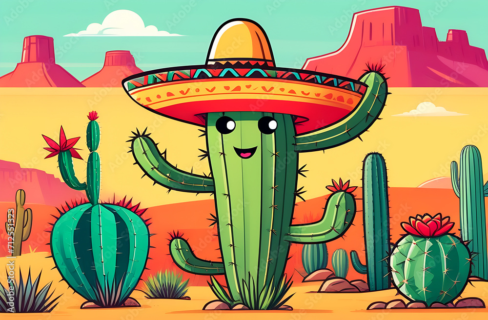 Cute cartoon cactus with face in Mexican desert smiling in sombrero hat. A cactus with eyes and a smile grows in the American prairies. a symbol of the cinco de mayo holiday Cute cartoon cactus with face in Mexican desert smiling in sombrero hat. A cactus with eyes and a smile grows in the American prairies. a symbol of the cinco de mayo holiday