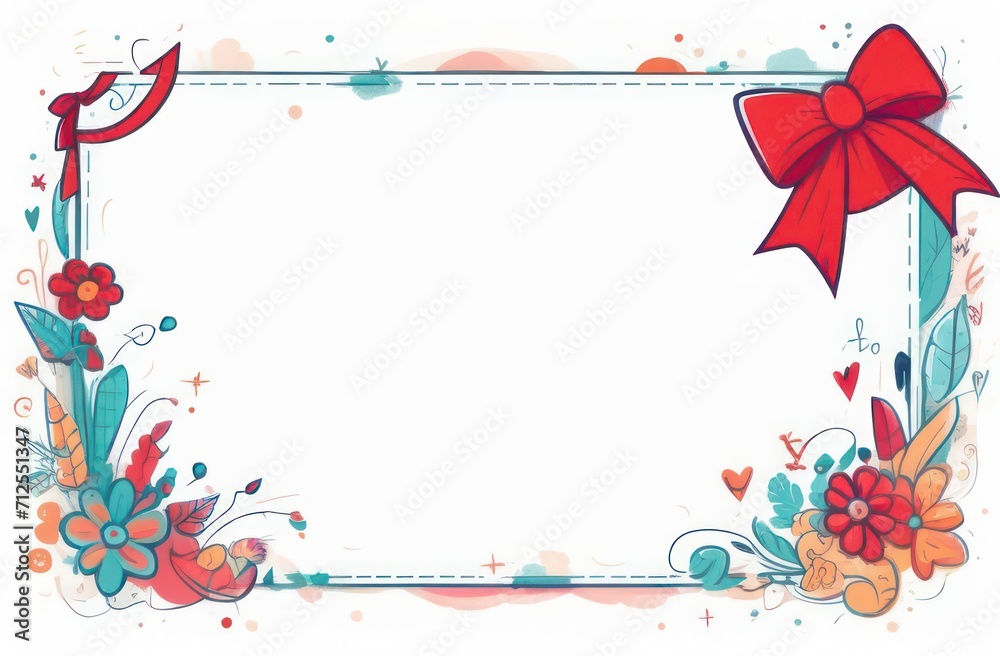Obraz premium On a white banner there is a bow, flowers and a red ribbon drawn in watercolor and in the center there is a white sheet of paper for text. Holiday Concept, Valentine's Day For Birthday