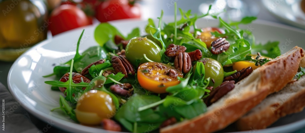 Green salad with green tomatoes, pecan, goji berry, and balsamic dressing, served with French bread. Green salad with green tomatoes, pecan, goji berry, and balsamic dressing, served with French bread.