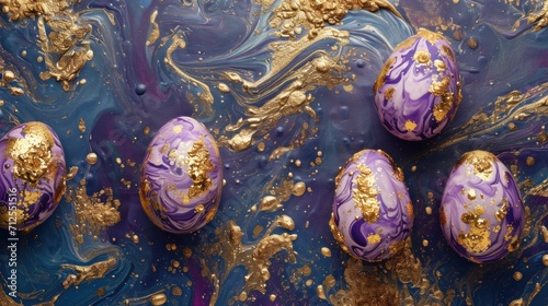  purple and gold marbled eggs with gold flecks on a blue and gold marbled surface with gold flecks. photo