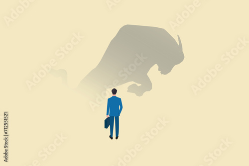 Businessman with shadow bull. Bullish market trend in stocks or crypto. Trade exchange, up arrow graph for increase in rates
