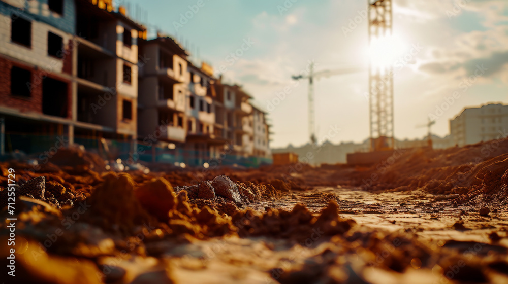 Sunset over a construction site with cranes and unfinished buildings.