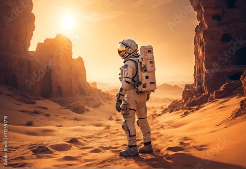 An astronaut, shrouded in the swirling dust of a Martian sandstorm, gazes upon a desolate Earth. The once vibrant blue planet now shimmers a sickly green, its surface scarred by wildfires and choked b