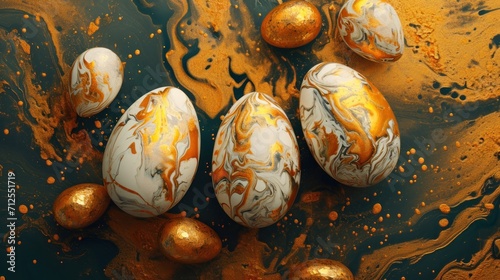  a group of marbled eggs sitting on top of a green and gold counter top next to gold foiled eggs.
