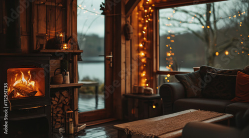 Warm cabin interior with fireplace and festive lights.