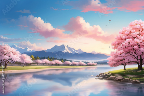 a lake view in front of mountains with charry blossom trees blooming beauty 