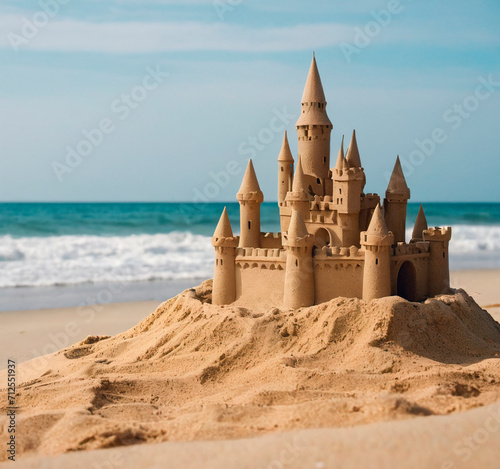 Sandcastle on the beach. Concept of summer vacation and travel.
