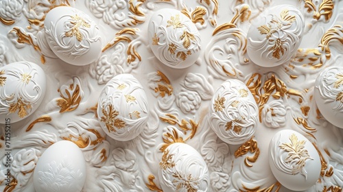  a close up of a bunch of white and gold decorated eggs with gold trimmings on a white surface.