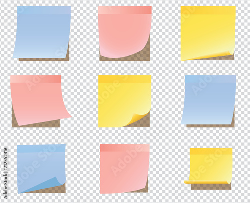 Realistic blank sticky notes isolated on transparent background. Colorful sheets of note papers. Paper reminder. Vector illustration.Multicolor post it notes