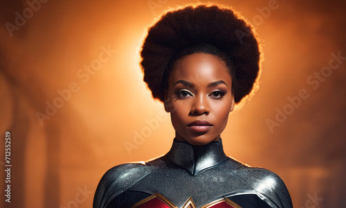 African american superhero. Portrait of black woman n fantastic costume.