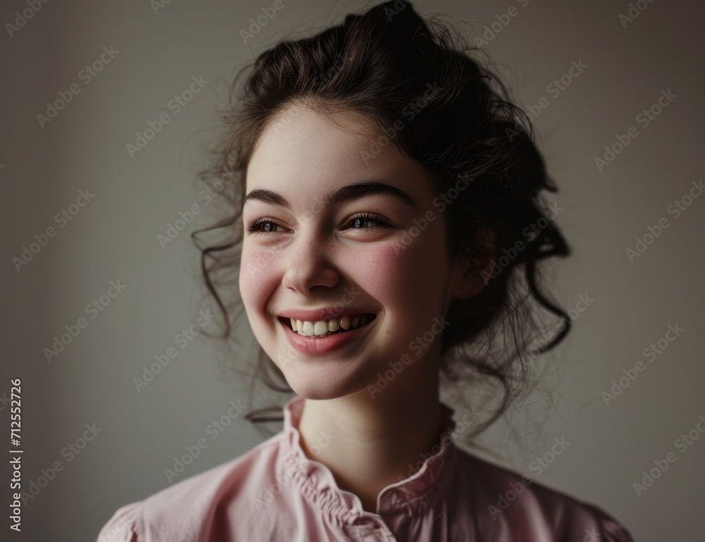 a close up of a person wearing a pink shirt and smiling with her hair in a messy topknot. a close up of a person wearing a pink shirt and smiling with her hair in a messy topknot.