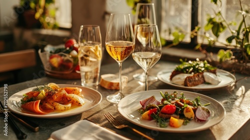  a table topped with plates of food next to glasses of wine and a plate of food on top of a table.