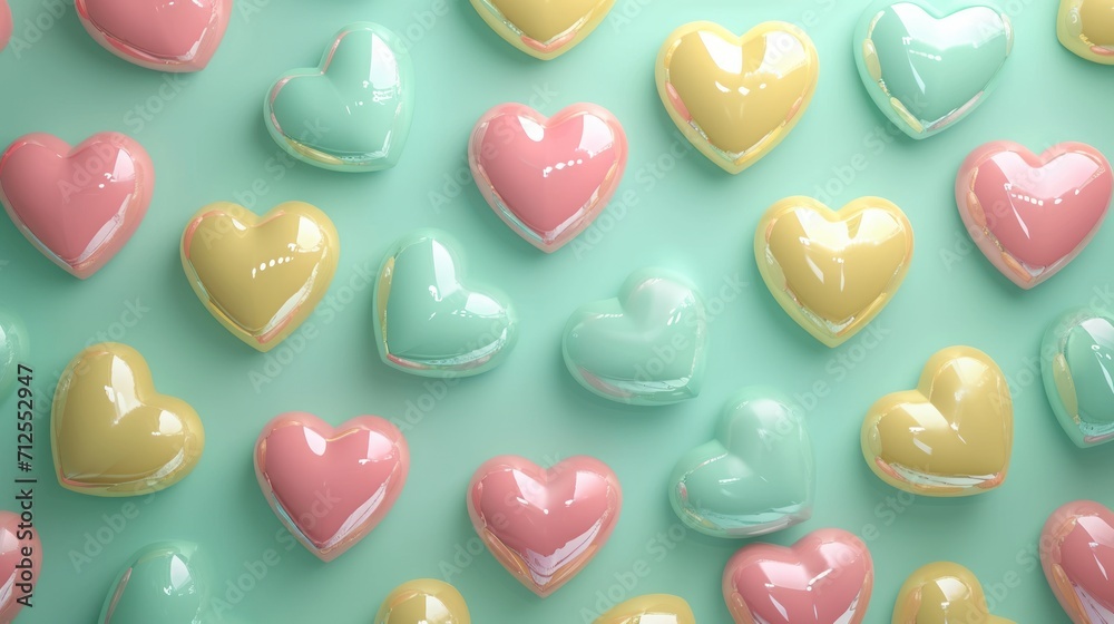 a group of heart shaped candies sitting on top of a green surface with pink, yellow, and blue frosting.
