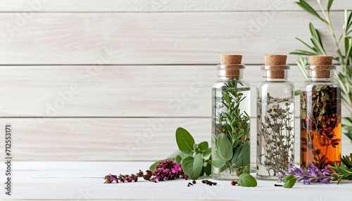 bottles with herbs inside on a light wooden background, leaves nearby,  copy space, homeopathy  photo