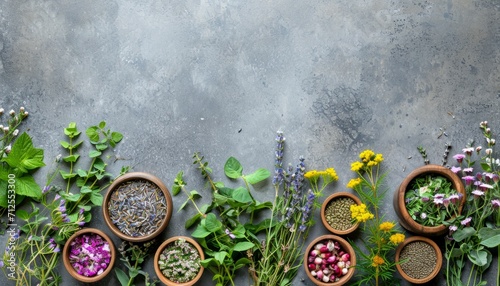 herbs and medicine on grey background, top view with copy space, alternative medicine, homeopathy  photo