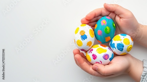 Kid full hands holding painting Easter eggs. Hand with egg isolated on white background. Easter holiday concept. Close up, selective focus