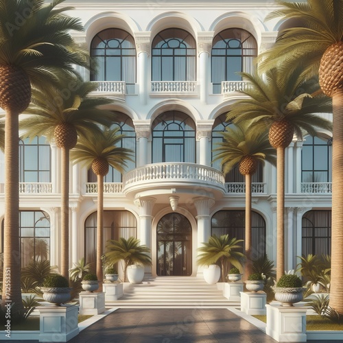 A large white building with palm trees in front of it photo