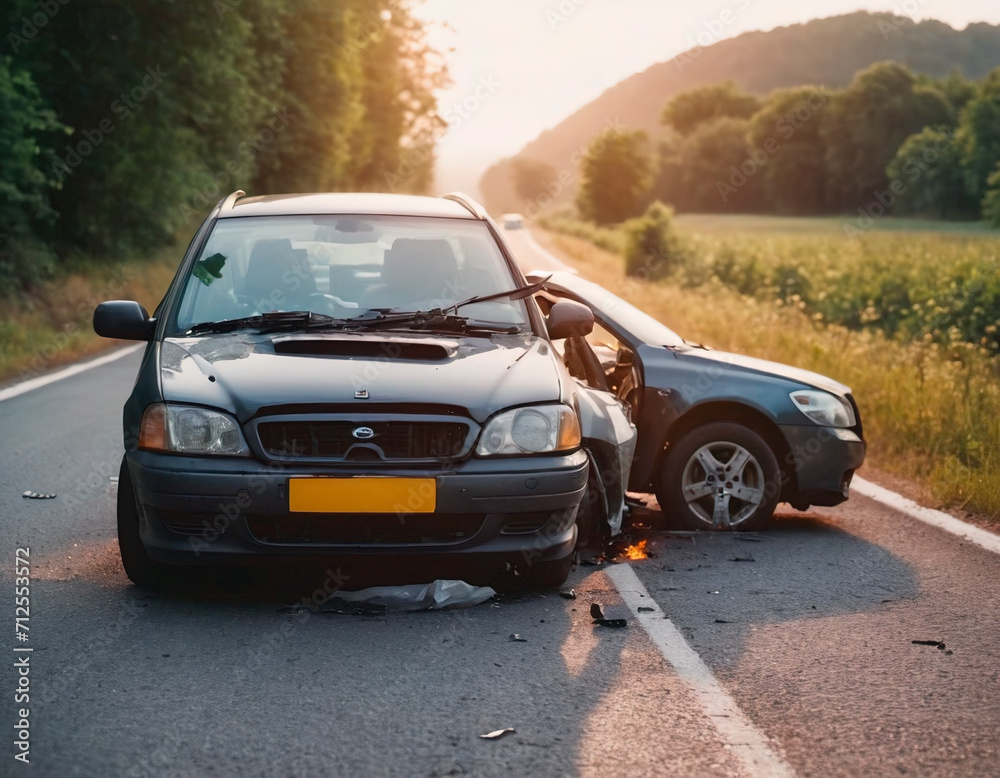 Car accident on the road after collision with another car on the road