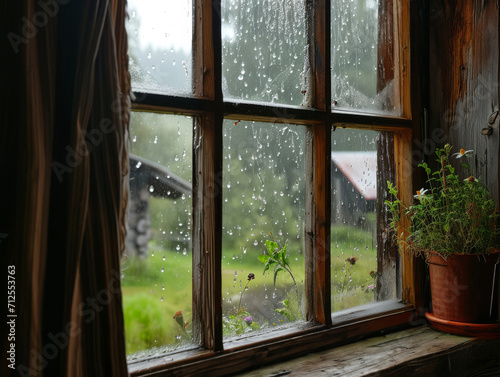Raindrops speckle a windowpane overlooking a green garden from a rustic wooden cottage.