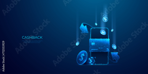 Abstract modern phone, credit bank card, and falling coins on a mobile screen. Save money and cashback concept. Light blue polygonal vector illustration. Cash back metaphor on technology background. photo