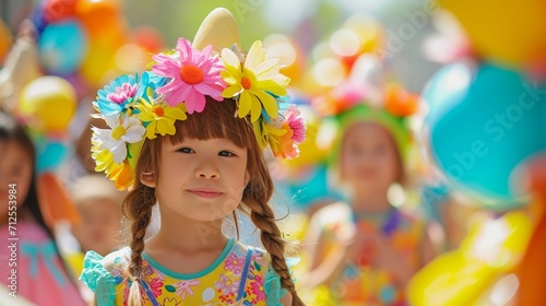 Playful kids participating in an Easter bonnet decorating contest, showcasing their creativity with vibrant hats adorned with flowers, ribbons, and Easter-themed decorations © rai stone