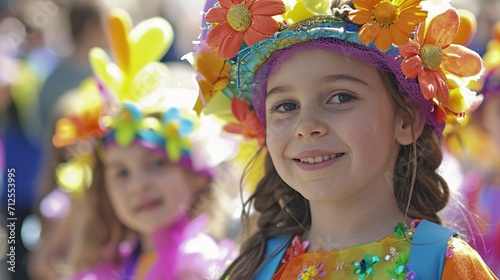 Playful kids participating in an Easter bonnet decorating contest, showcasing their creativity with vibrant hats adorned with flowers, ribbons, and Easter-themed decorations