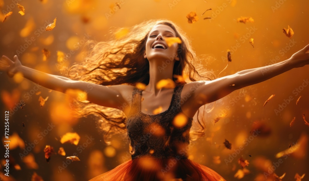 Happy smiling woman throwing leaves in the air and dancing in the park in autumn. autumn theme orange color
