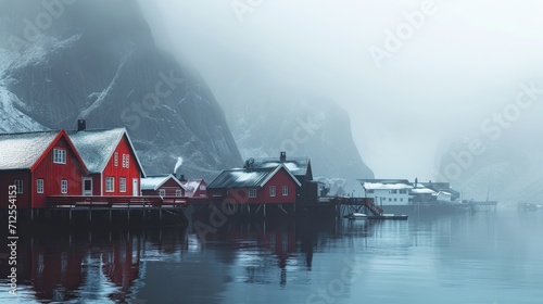  a row of red houses sitting on top of a body of water next to a snow covered mountain covered hillside.