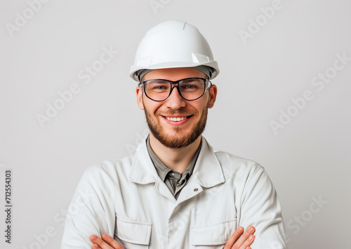 A specialized worker with a white coat and safety helmet