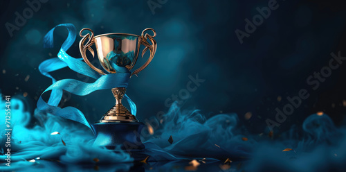 golden cup on a background of blue fabric with ribbons	
 photo