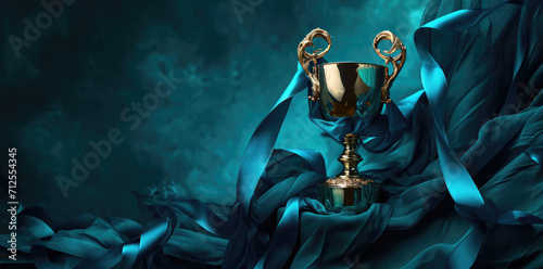 golden cup on a background of blue fabric with ribbons 
