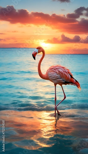 flamingo at sunset- beautiful Lone Flamingo at Sunset  Mesmerizing Island ocean Scene with High Resolution ILLUSTRATION Against Colorful golden sunset Sky - Tropical Bird Basking in Warm Glow 