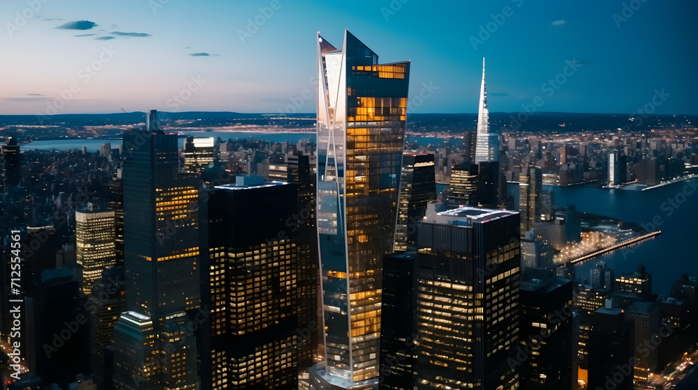 Panorama Around the 30 Hudson Yards Skyscraper in New York City, USA. Aerial Photo with a Modern Skyscraper with Observation Balcony for Travelers to Enjoy Panoramic Urban View