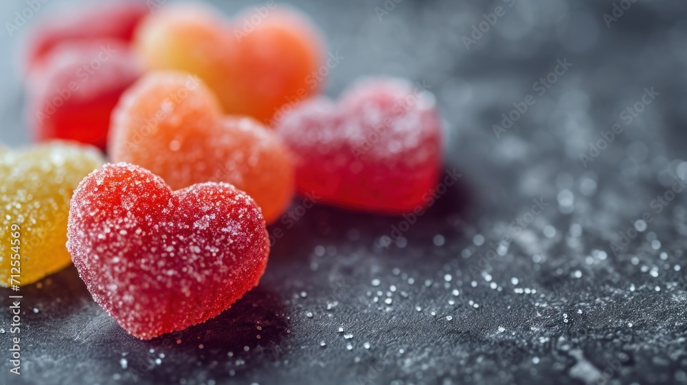 a group of gummy bears sitting next to each other on top of a black table covered in powdered sugar. a group of gummy bears sitting next to each other on top of a black table covered in powdered sugar.