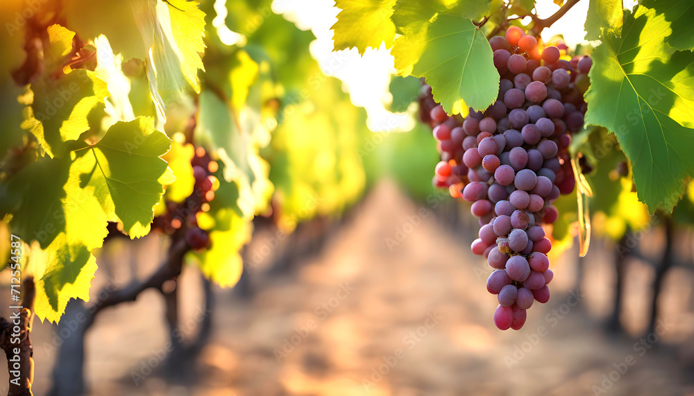 Fototapeta premium Fruit farm with grapes trees, Branch with natural grapes on blurred background of grapes orchard in golden hour