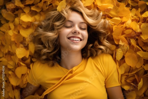 Young woman lying in dry autumn leaves, relaxing and having fun in the fallen leaves
