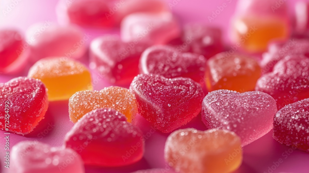 a pile of heart shaped candies sitting on top of a pink counter top next to a pile of orange and pink candies. a pile of heart shaped candies sitting on top of a pink counter top next to a pile of orange and pink candies.