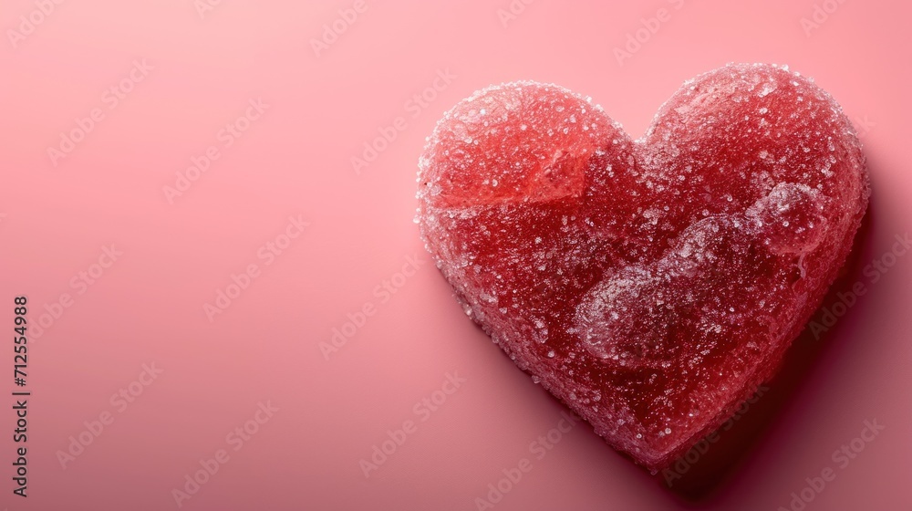  a close up of a heart on a pink background with a small amount of sugar sprinkled on it.