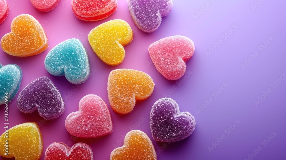  a group of heart shaped candies sitting on top of a purple and pink background with lots of them in the shape of hearts.