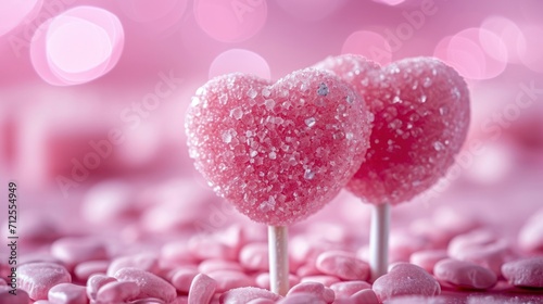  a couple of heart shaped lollipops sitting on top of a pile of pink candies on top of a table.