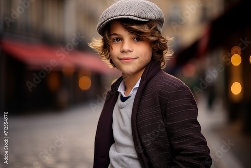 Portrait of a cute young boy in a hat and coat on the street